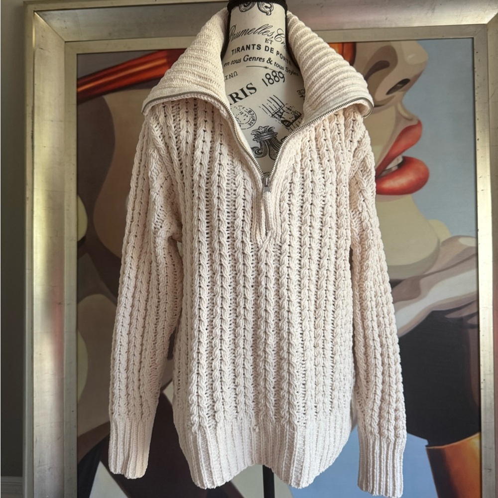 Aerie Half Zip oversized Cable Knit Sweater Cream Pullover XS - Picture 2 of 8
